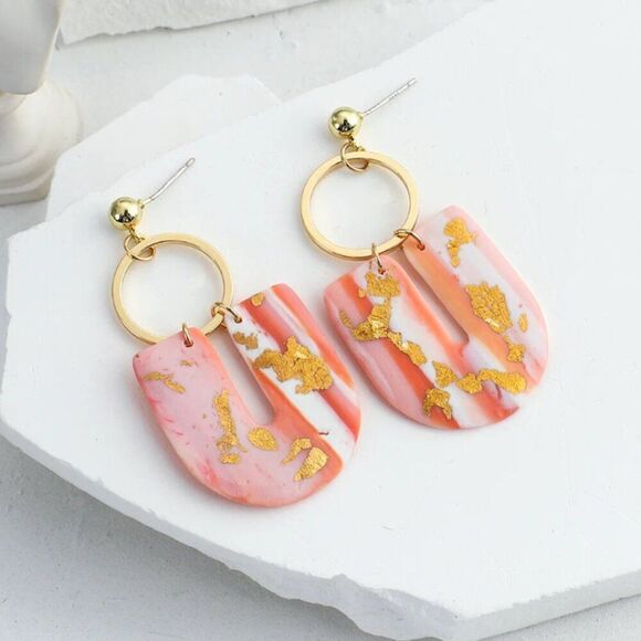 Cotton Candy Pink Marbled Gold Curve Mixed Media Drop Earrings - Picture 1 of 3